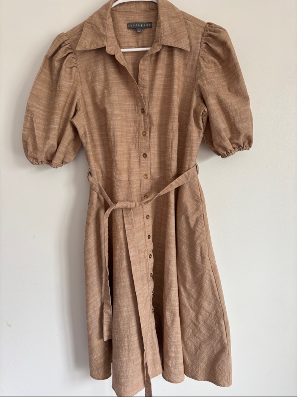 Sharagano Tan Puff-Sleeve Midi Shirt Dress